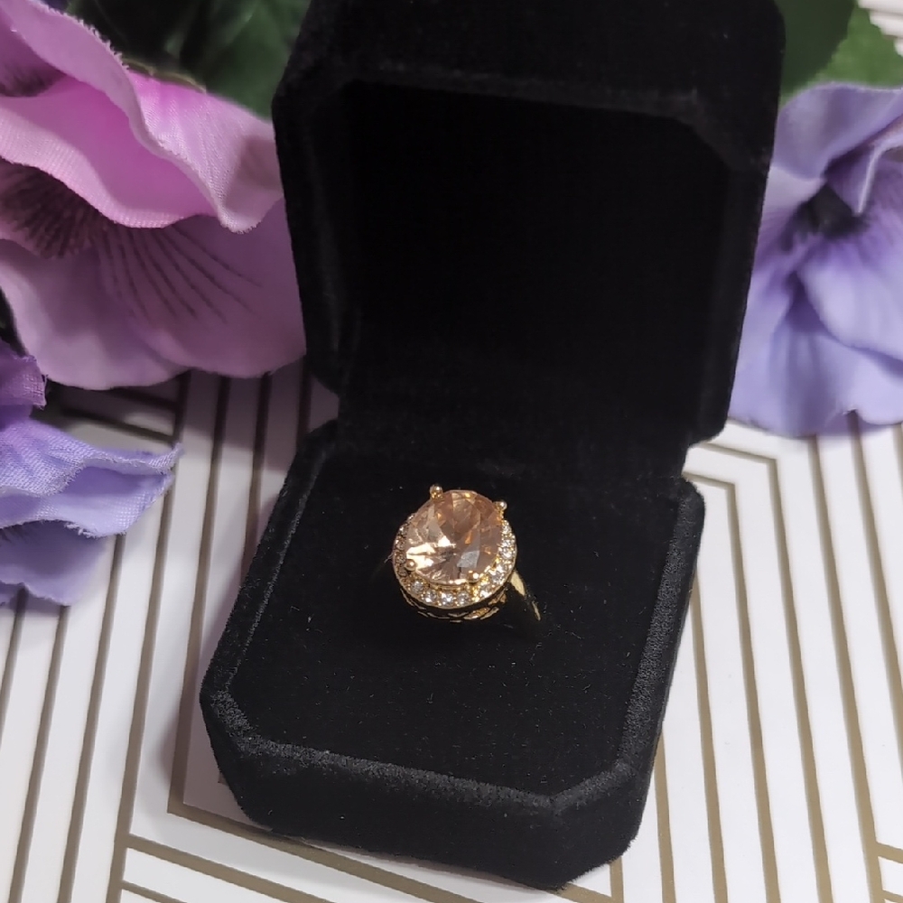 Charter Club Elegant Gold Plated Peachy Blush Pink Crystal Halo Ring Size 7 NWOT